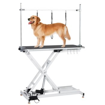 TROPOW Upgraded Electric Dog Grooming Table - Heavy Duty,Height Adjustable (9.4"-39.4") Pet Grooming Table w/Leveling Wheels,X Lift,Anti Slip Tabletop & Tool Organizer/Dog Grooming Station,47"/White