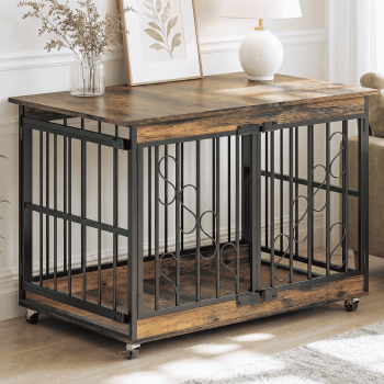 Fowroa Dog Crate Furniture Heavy Duty 2-Door 48" Furniture kennel for Dogs with Caster Wheels