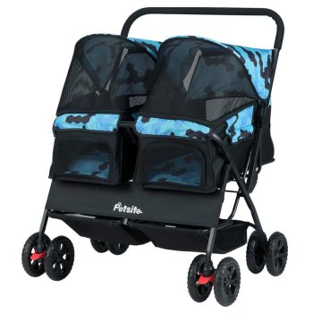 Resenkosee Heavy-Duty Foldable Double Pet Stroller with Adjustable Sunshade and Spacious Storage Basket