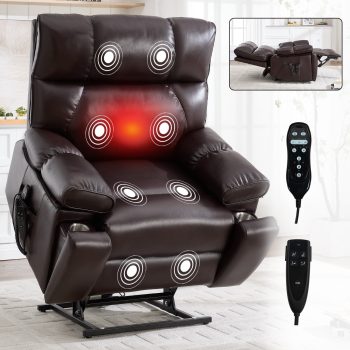 Alvantor Power Lift Recliner Chair for Elderly with Massage and Heat, Dual Motor Leather Recliners Chair with Cup Holders, Medium-firm Drak Brown
