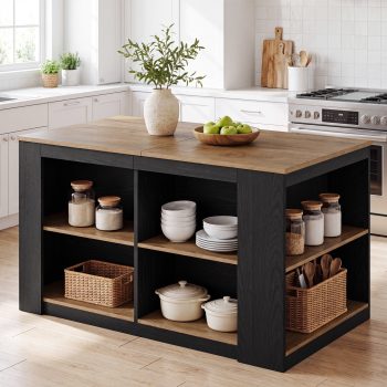 Finmind 55-Inch Kitchen Island with Open Storage and Seating Space for Dining Room, Brown & Black
