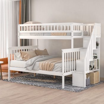 EUROCO Twin Over Full Bunk with Storage Shelves and Storage Staircase, No Box Srping Needed
