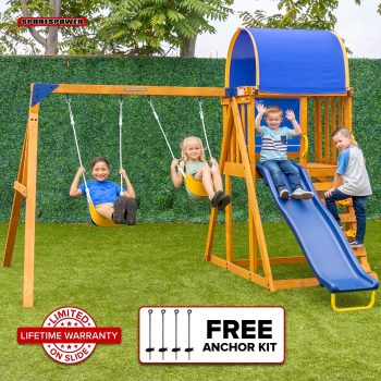 Sportspower Addison Wooden Swing Set with Heavy Duty Double A-Frame, Lifetime Warranty on Slide, & Bonus Anchor Kit - for Ages 3-8