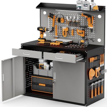 65" Heavy Duty Garage Workbench with Storage Drawers & Pegboard,2000lbs Capacity Metal Work Bench with Lockable Magnetic Cabinets,Adjustable LED Light for Workshop/Garage