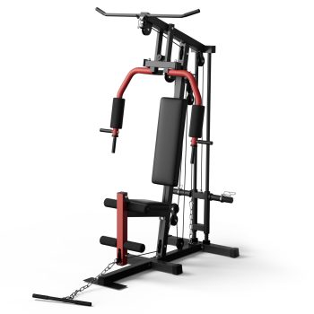 Full Body Strength Training Home Gym Multifunctional Workout Station with Preacher Curl Pad, Leg Developer & Pulley System Compatible with 1" & 2" Weight Plates Red/Black