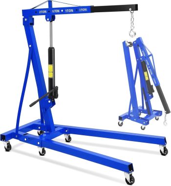 2-Ton Folding Hydraulic Engine Hoist 4400 LBS Portable Cherry Picker Lift with Telescopic Boom and 6 Casters for Garage/Workshop Blue
