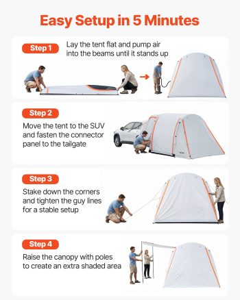 VEVOR Inflatable SUV Tent with Awning, 8 x 6.7 ft 3-Season SUV Tailgate Tent with Ventilated Doors & Mesh Window, PU2000mm Waterproof Car Rear Hatch Tents for Outdoor Camping - Air Pump Included