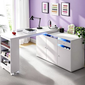 Advwin Rotating L-Shaped Manicure Table with Dust Collector, LED Light, Storage Cabinets & Shelves, Modern Nail Desk for Nail Tech, Space-Saving Manicure Workstation for Salon or Home