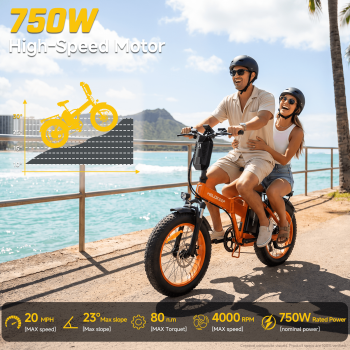 Folding Class 2 Electric Bike for Adults, 20 MPH, 750W Motor, 48V 25Ah 1200Wh Battery, 20 x 4 Fat Tires, Shimano 7-Speed, LCD Display, Rear Rack, UL2849, Orange