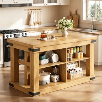 Viviwood 55" Kitchen Island with Storage & Seating, Oak