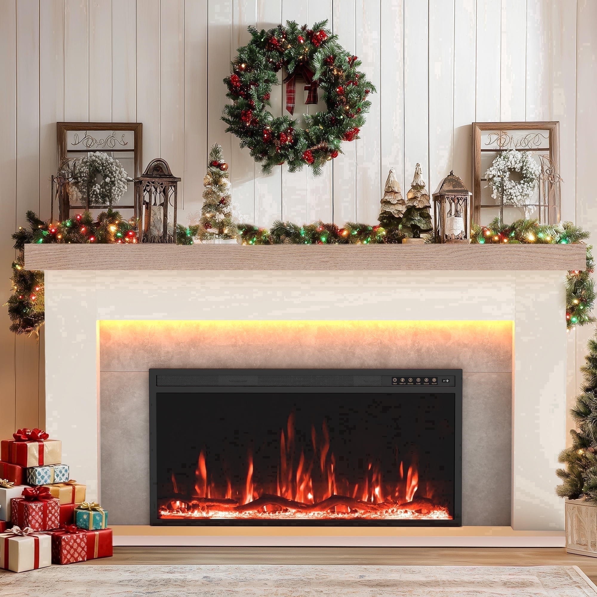 Kincubow 62 inch Electric Fireplace Mantel Set White Grey, 36 inch Insert, 3D Log Flame, Remote Timer Control