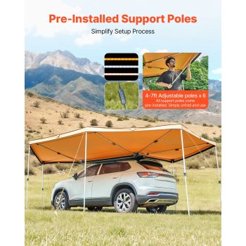 KFFKFF 270-Degree Vehicle Awning with LED Lighting, 117 sq.ft Driver-Side Car Shelter, UV50+ Waterproof Side Awning for SUVs, Trucks, and Camping