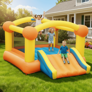 Entil 144in Inflatable Bounce House Large Size with Blower, Big Slide, Basketball Hoop & Inflatable Basketball, Outdoor/Indoor for Kids