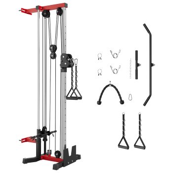 Wall-Mounted Cable Station Dual Pulley Crossover Machine with Tricep Rope, T-Bar, Lat Pulldown Bar & Foot Board for Home Gym Strength Training