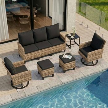 UDPATIO 6 Pieces Outdoor Conversation Set, All-Weather Wicker Rattan Patio Furniture Sofa Set with Ottoman and Swivel Chairs for Poolside, Backyard, Yellow Brown Wicker Black Cushions