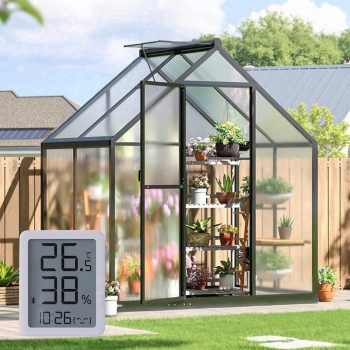 Sylviera 6x4ft Outdoor Walk-in Greenhouse with Thermometer Hygrometer, Heavy-Duty Polycarbonate Green House with Reinforced Aluminum Frame for Garden, Backyard, and Winter Planting