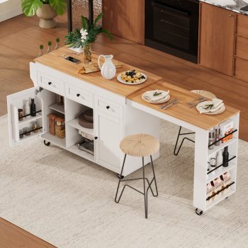 ChenyueFurn 85.5" Rolling Kitchen Island, Extendable Table, Power Outlet & Multi Storage