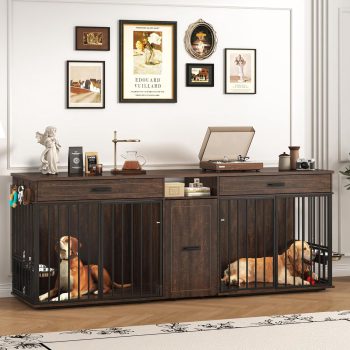 ChVans 86.6" Dog Crate Furniture TV Stand for Large Breed Dogs, Wooden Kennel with Dual rooms, Dog Bowl, 2 Drawers & Cabinet for Medium-Large Dogs
