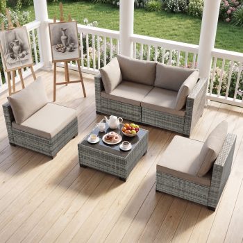 Ebello 5-Piece Modular Conversation Set, Outdoor Patio Sectional Sofa with Glass Coffee Table, Rattan Garden Furniture, GLG()