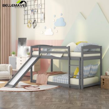 Bellemave Twin Over Twin Bunk Bed with Slide, Kids Low Bunk Bed with Convertible Slide and Ladder, Wood Floor Bunk Bed Frame for Boys & Girls