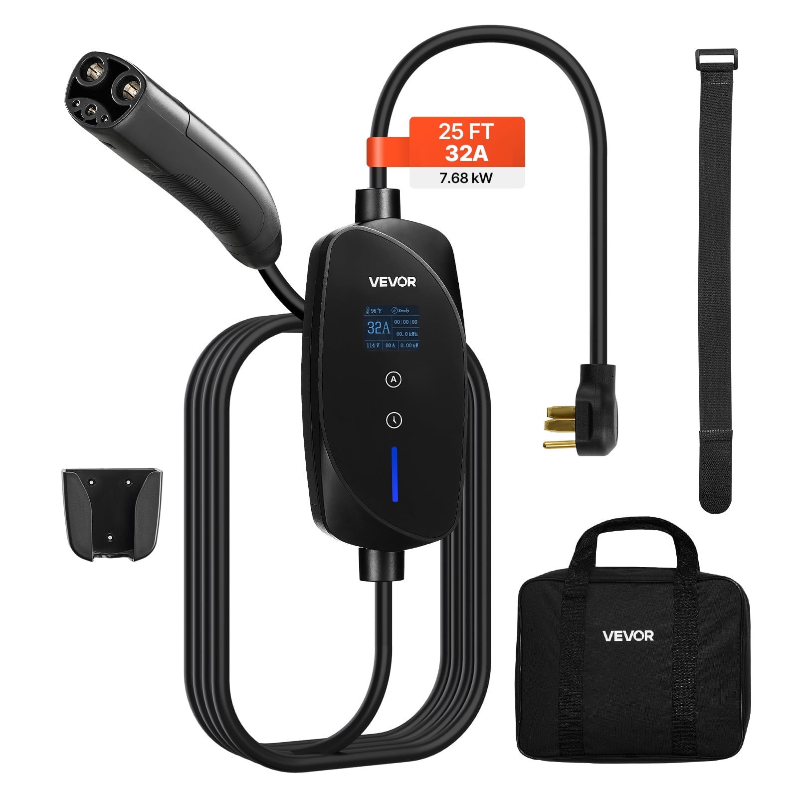 VEVOR Level 2 Tesla Charger, 32 Amp Adjustable Current, 240V Portable Home Electric Car EV Charger with 25 ft Charging Cable, NEMA 14-50P Plug, LCD Display, NACS Connector, for Tesla Model Y/X/3/S