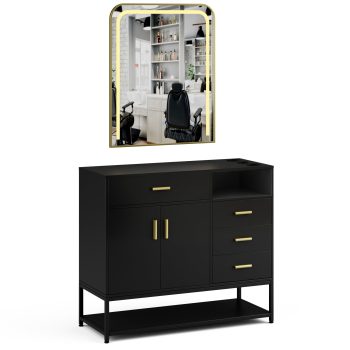 Advwin Free Standing Salon Station with LED Mirror, Barber Station with Cabinet, 4 Drawers & 3 Hair Dryer Holders, Modern Salon Dresser for Hair Styling, Beauty Spa Equipment, Black