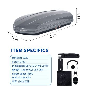 17/ Hard Shell Rooftop Cargo Box Carrier, Dual-Side Opening Waterproof ABS Roof Storage Box, Universal Fit for Car SUV, 165 Lbs Load Capacity Roof Cargo Carrier with Secure Locking System