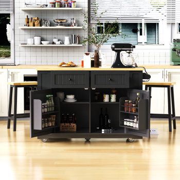 Harper & Bright Designs Kitchen Island with 2 Bar Stools, Kitchen Storage Cart on Wheels with Drop Leaf, Rolling Kitchen Island with Drawers and Power Outlet