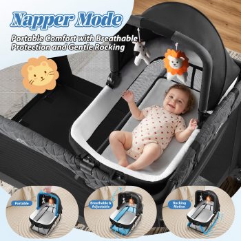 Babyeap 7-in-1 Baby Bassinet with Playard and Bedside Sleeper, Changing Table, Toy Bar, Extra Large Storage Bag, Travel Crib for Newborns and Infants, Black