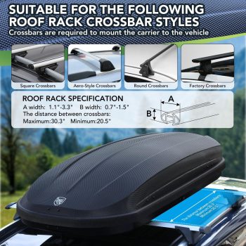 Roof Cargo Box, 12 Cu. Ft. Rooftop Luggage Carrier with Dual-Side Opening, 165 lb Capacity, Waterproof ABS Hard Shell with Secure Straps and 2 Keys for Cars, SUVs and Vans