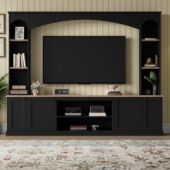 Elegant Arched Entertainment Center Wall Unit with Bookshelf, Farmhouse TV Stand with Wood Grain for TVs Up to 70", 91inch Media Console with Adjustable Shelves for Living Room