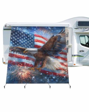 4th of July RV Awning Sun Shade Screen 9'X7' Patriotic Eagle Mesh Sunscreen American Flag Fireworks Awning Shade Screen with Zipper UV Blocker Completed Kits Outdoor Canopy for RV Motorhome Camper