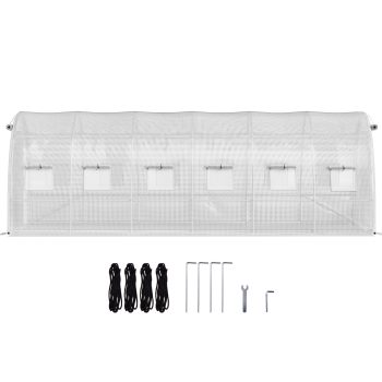 KFFKFF Walk-in Tunnel Greenhouse, 20 x 10 x 7 ft Portable Plant Hot House w/ Galvanized Steel Hoops, Diagonal Poles, 2 Zippered Doors & 12 Roll-up Windows, 3 Top Beams,White