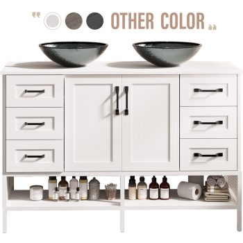 48" Double Sink Bathroom Vanity with Tempered Glass Countertop, Freestanding Cabinet with Open Shelves & 6 Drawers, (Ship in 2 Boxes)