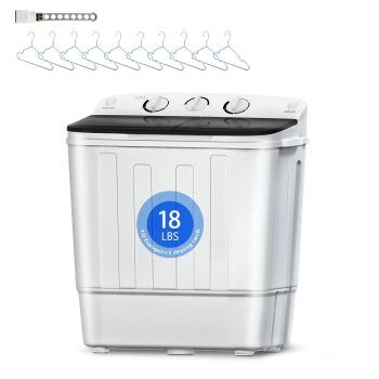 Winfire 18LBS Mini Twin Tub Washing Machine, Energy Saving Space Efficient Small Washer with Free 10 Hangers & Drying Rod for Camping Caravan Small Loads