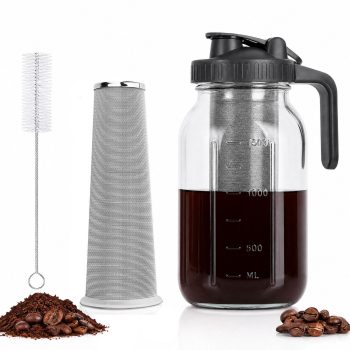 Cold Brew Coffee Maker, 64 Oz Mason Jar Pitcher with 304 SS Mesh Filter, Wide Mouth Airtight Lid, Flip Pour Spout & Ergonomic Handle for Iced Coffee Tea Lemonade
