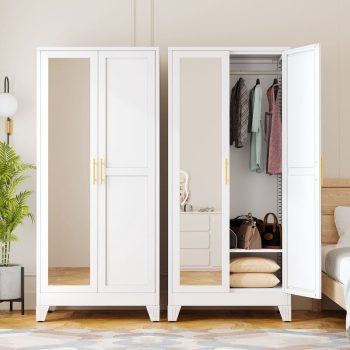 Ero Metal Freestanding Armoire Wardrobe Closet with Hanging Rod and Mirror