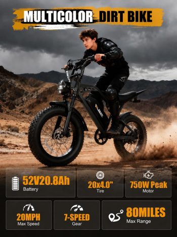 ESKUTE Electric Bike for Adults & Teens, 20MPH, 80 Miles Range, 52V 20.8Ah Battery, 20" x 4.0 Fat Tire, Dual Suspension, 7-Speed Off-Road Ebike, UL2849