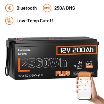 HumsiENK 12V 200Ah LiFePO4 Lithium Battery, Built-in 250A BMS, Max. 2560Wh Energy Deep Cycle Battery,Up to 15000+ Deep Cycles, Perfect for Solar Home System, RV, Camper, Off-Grid