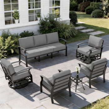 ALAULM 7-Seat Aluminum Patio Furniture Set, Outdoor Patio Conversation Set with 2 Swivel Glider Chairs and 5.1" Cushions for Patio Backyard Poolside, Grey