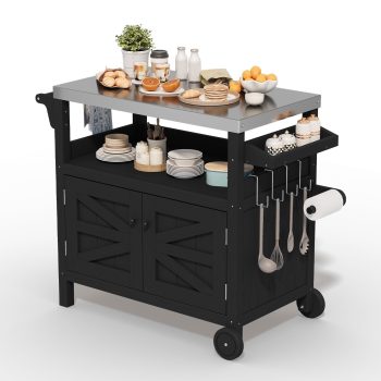 FUNDAZE HDPE Outdoor Grill Cart with Storage, Kitchen Island on Wheels, BBQ Prep Table with Stainless Steel Top, Movable Serving Counter for Garden, Poolside, Backyard
