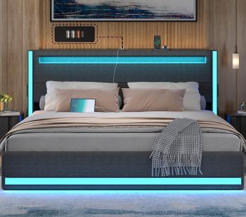 Gacfiew Size Bed Frame, LED Bed Frame with Upholstered Headboard, Bed Frame with Charging Station, Heavy Duty Metal Slats, No Box Spring Needed, Easy Assembly, Dark Grey