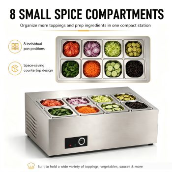 Countertop Refrigerated Condiment Station, Sauce Chiller, Condiment Dispenser Cooler, 8Pan 110V Commercial Stainless Steel for Food Truck