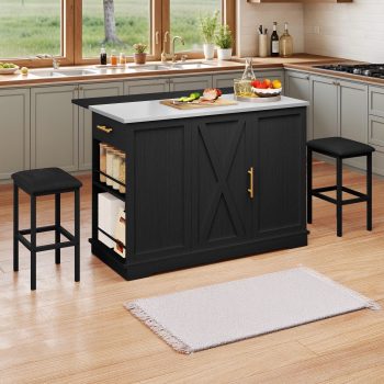 DEXTRUS Kitchen Island Table with Stools & Trash Storage, Kitchen Island with Drop Leaf
