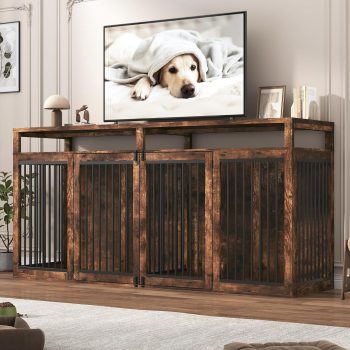 ChVans 87" Large Farmhouse Dog Crate TV Stand,Wooden Dog Crate Furniture with 4 Lockable Doors/Solid Metal Tube,XL-XXL Heavty Duty Dog Crates Furniture for 2 Medium or Large Dogs