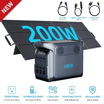 ABOK Elux1 1800W Solar Generator with 200W Solar Panel, 1024Wh LiFePO4 Power Station, Expandable 5120Wh for Camping & Home Backup