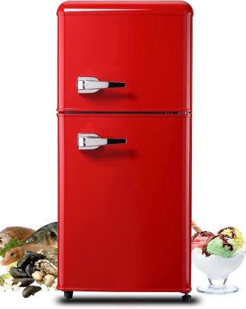 3.5 Cu.Ft Retro Mini Fridge with Freezer, Double Door Compact Refrigerator, 7-Level Thermostat, Low Noise Energy Saving, Removable Glass Shelves, Red, Dorm Office Beverage Fridge