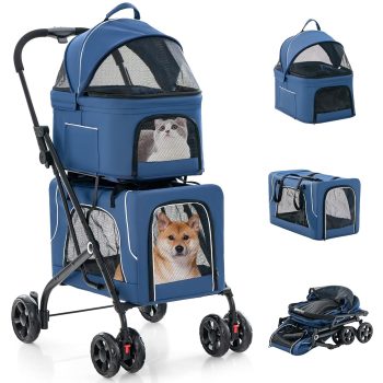 WSWJY Double Dog Stroller for 2 Dogs, Detachable Carriers, Safety Belt, 4 Lockable Wheels, Pet Travel Carrier Strolling Cart, Folding Cat Stroller for Small Medium Pets Dogs ()