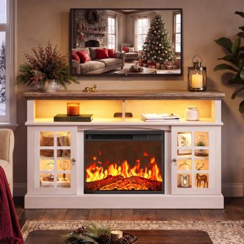 CHITOOMA Fireplace TV Stand with LED Light for up to 70 inch TV, 5100 BTU Electric Fireplace Entertainment Center for Living Room, White