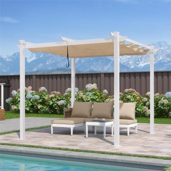 PURPLE LEAF 10' x 10' Outdoor Retractable Pergola with Double Sun Shade Canopy and Heavy-Duty Aluminum Frame Patio Modern Adjustable Canopy Pergola for Garden Deck and Backyard, Khaki